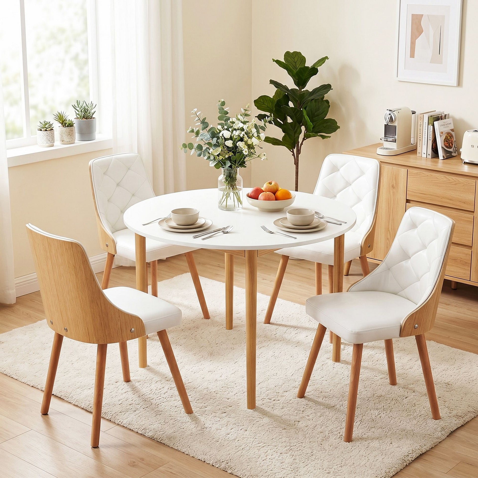 Artiss Dining Table and Chairs Set 5PCS Round 4 PU Leather Seater Dining Set White Awezingly