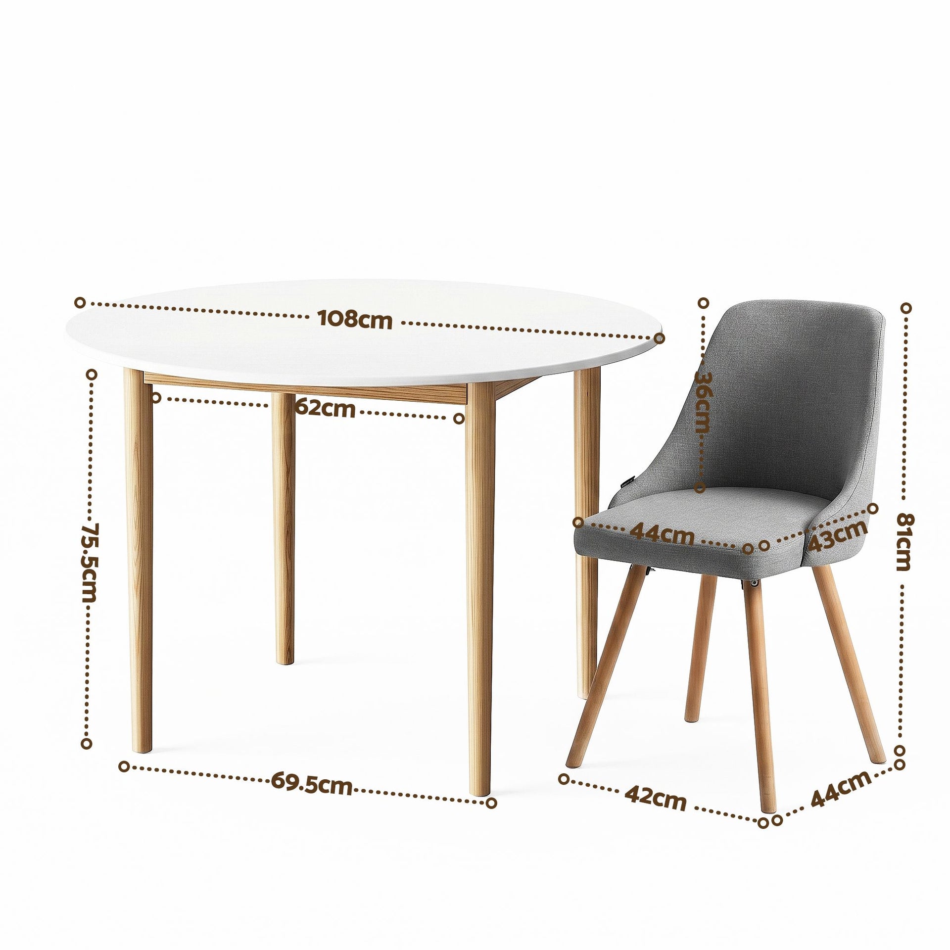 Artiss Round Dining Table and Chairs Set 5pcs Compact Kitchen Furniture White Natural Wood & Grey Awezingly