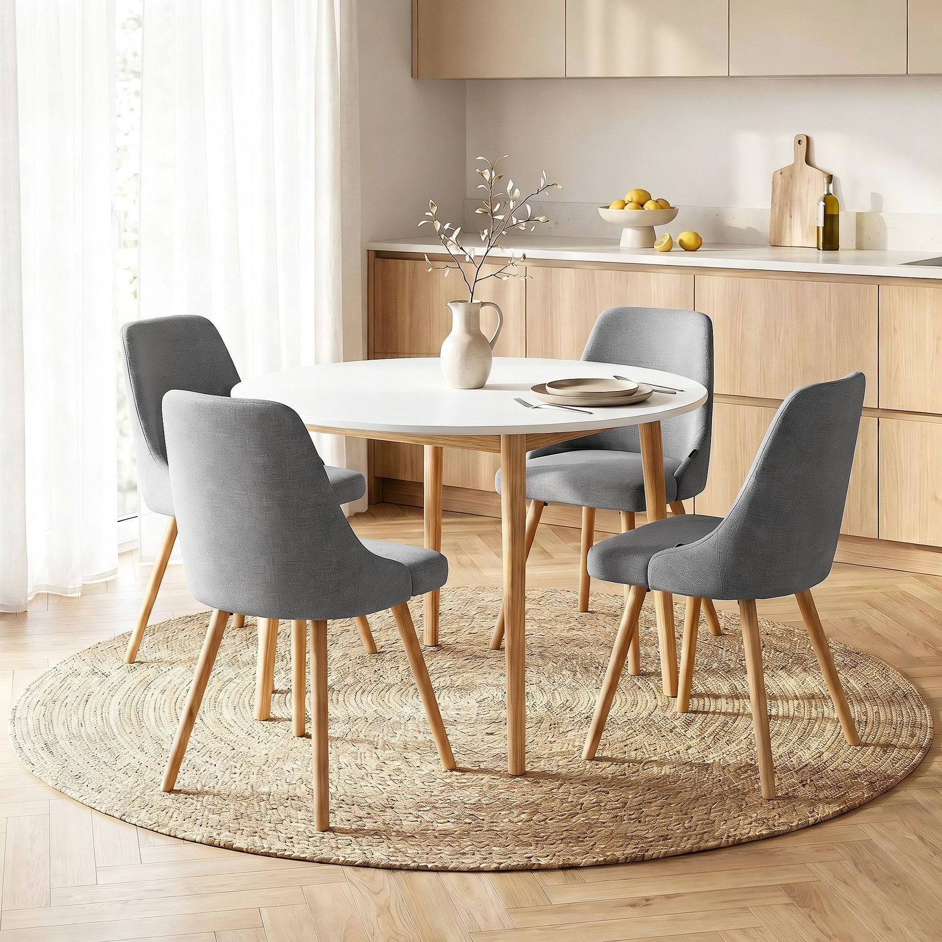 Artiss Round Dining Table and Chairs Set 5pcs Compact Kitchen Furniture White Natural Wood & Grey Awezingly