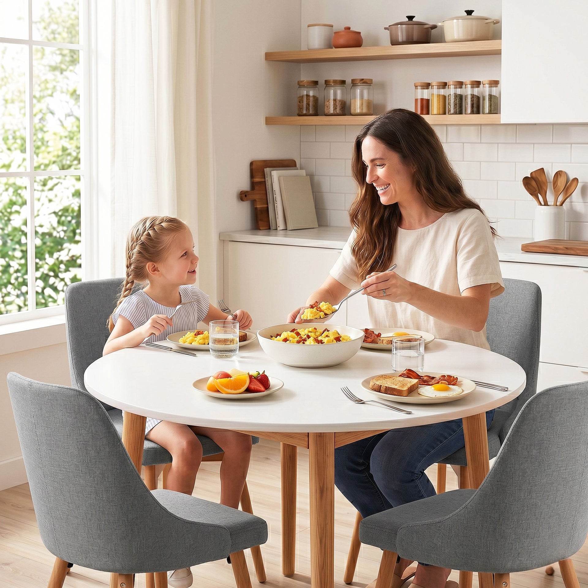 Artiss Round Dining Table and Chairs Set 5pcs Compact Kitchen Furniture White Natural Wood & Grey Awezingly