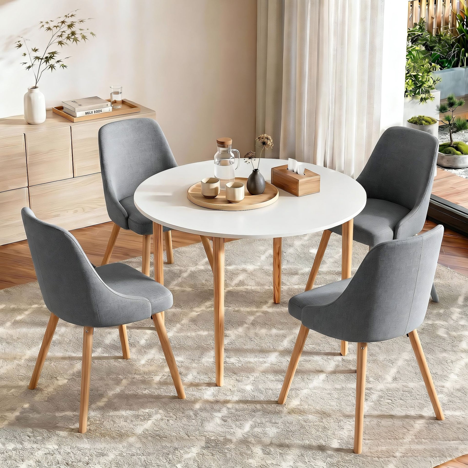 Artiss Round Dining Table and Chairs Set 5pcs Compact Kitchen Furniture White Natural Wood & Grey Awezingly