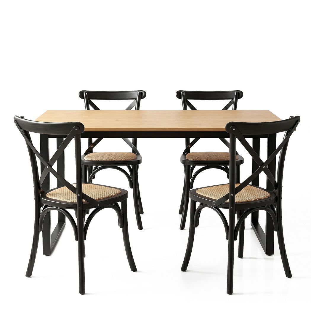 Artiss Dining Table and Chairs Set 5PCS Industrial 4 Black Rattan Chairs for Kitchen, Dining Room, Café Giantz