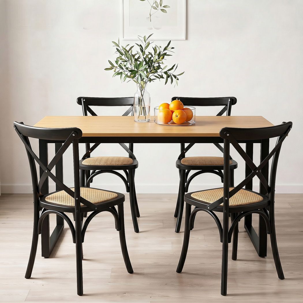 Artiss Dining Table and Chairs Set 5PCS Industrial 4 Black Rattan Chairs for Kitchen, Dining Room, Café Giantz