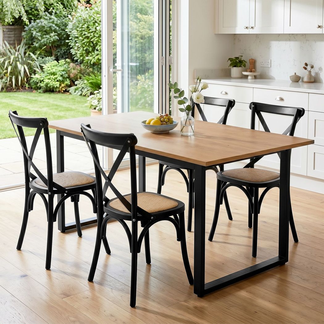 Artiss Dining Table and Chairs Set 5PCS Industrial 4 Black Rattan Chairs for Kitchen, Dining Room, Café Giantz