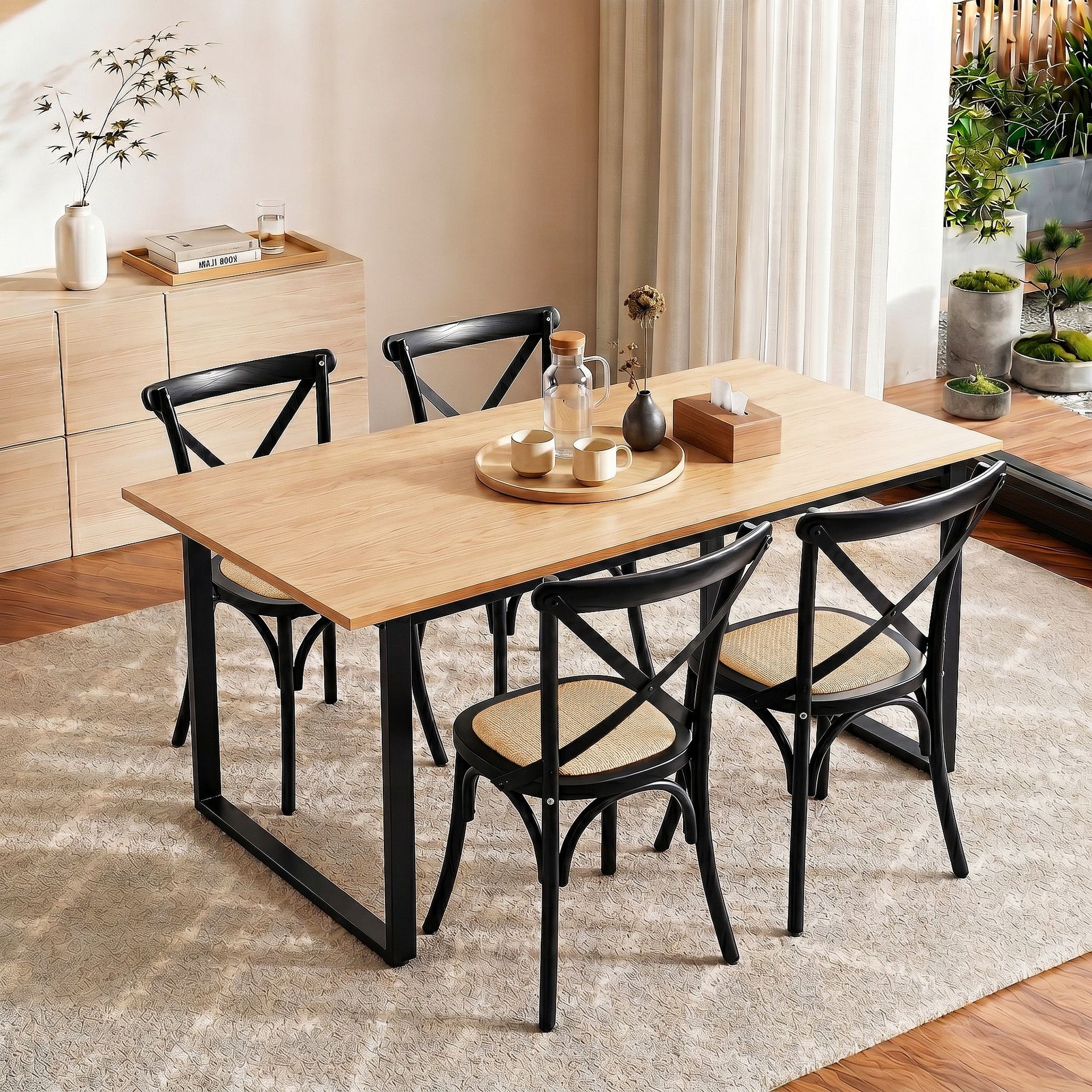 Artiss Dining Table and Chairs Set 5PCS Industrial 4 Black Rattan Chairs for Kitchen, Dining Room, Café Giantz
