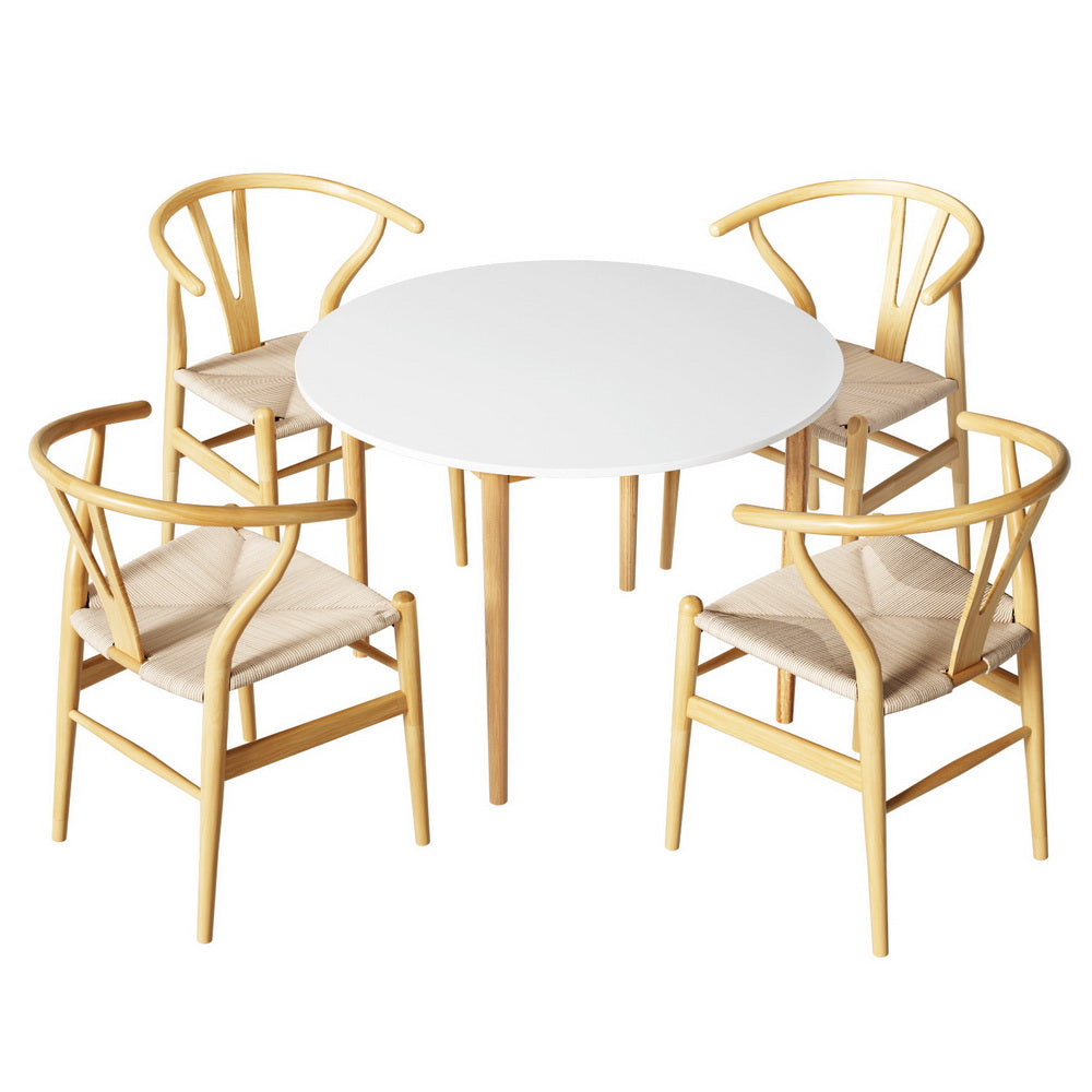 1 Artiss Dining Table and 4 Chairs Set Wishbone Wood Artiss