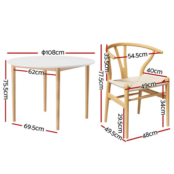 1 Artiss Dining Table and 4 Chairs Set Wishbone Wood Artiss