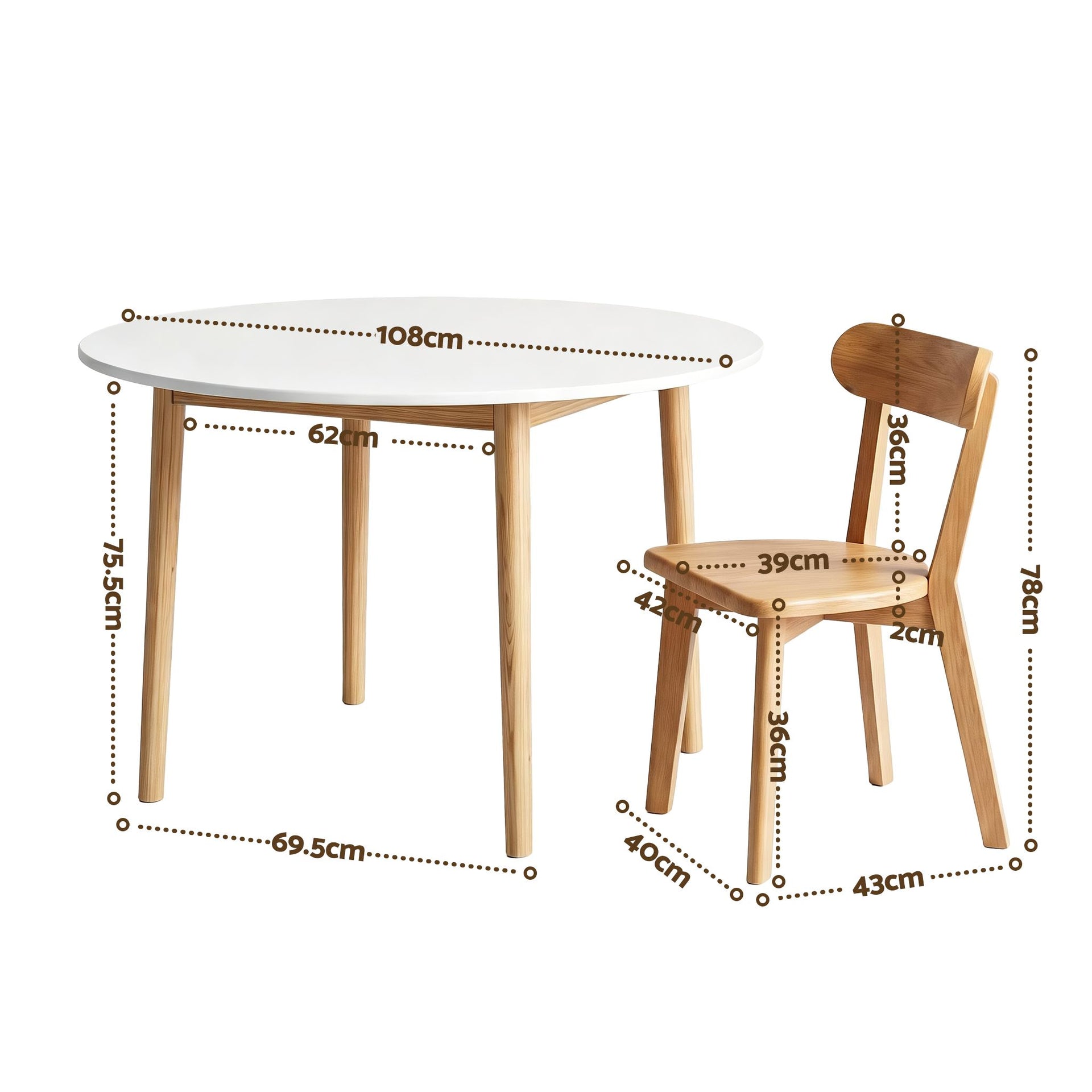 Artiss Round Dining Table and Chairs Set 5 PCS, 108cm Compact Kitchen Table Set with Solid Pine Wood Legs & 4 Ergonomic Rubber Wood Chairs,White Timber Dining Set for Small Space Awezingly