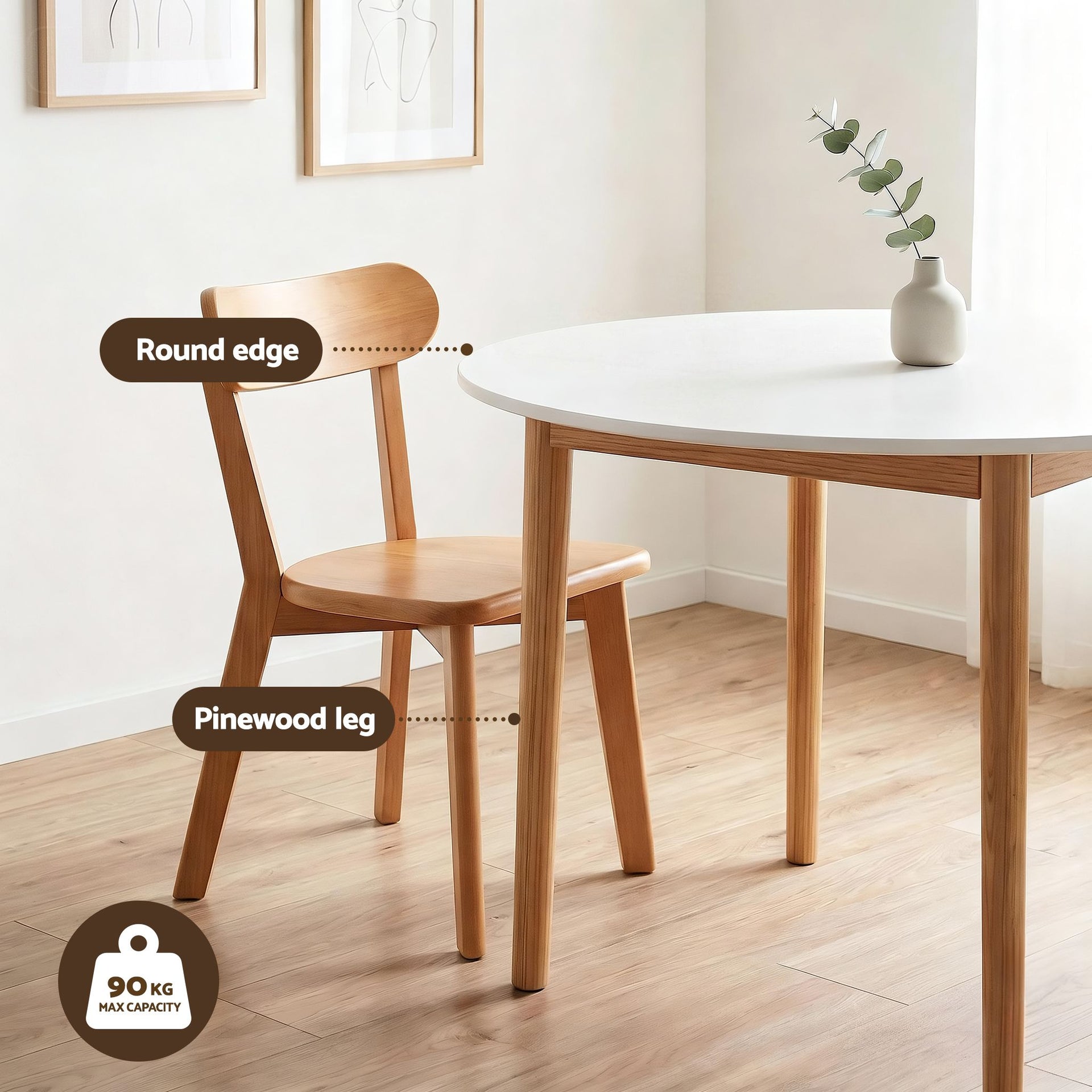 Artiss Round Dining Table and Chairs Set 5 PCS, 108cm Compact Kitchen Table Set with Solid Pine Wood Legs & 4 Ergonomic Rubber Wood Chairs,White Timber Dining Set for Small Space Awezingly