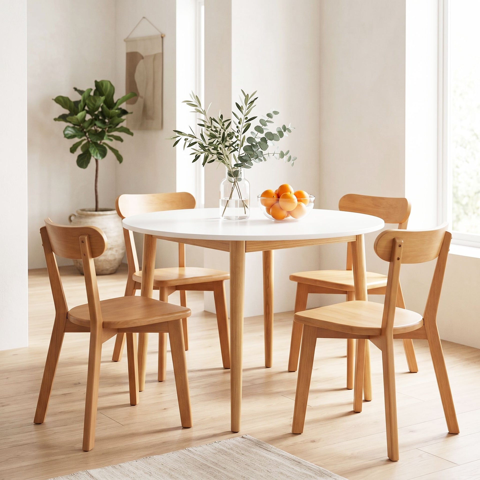 Artiss Round Dining Table and Chairs Set 5 PCS, 108cm Compact Kitchen Table Set with Solid Pine Wood Legs & 4 Ergonomic Rubber Wood Chairs,White Timber Dining Set for Small Space Awezingly