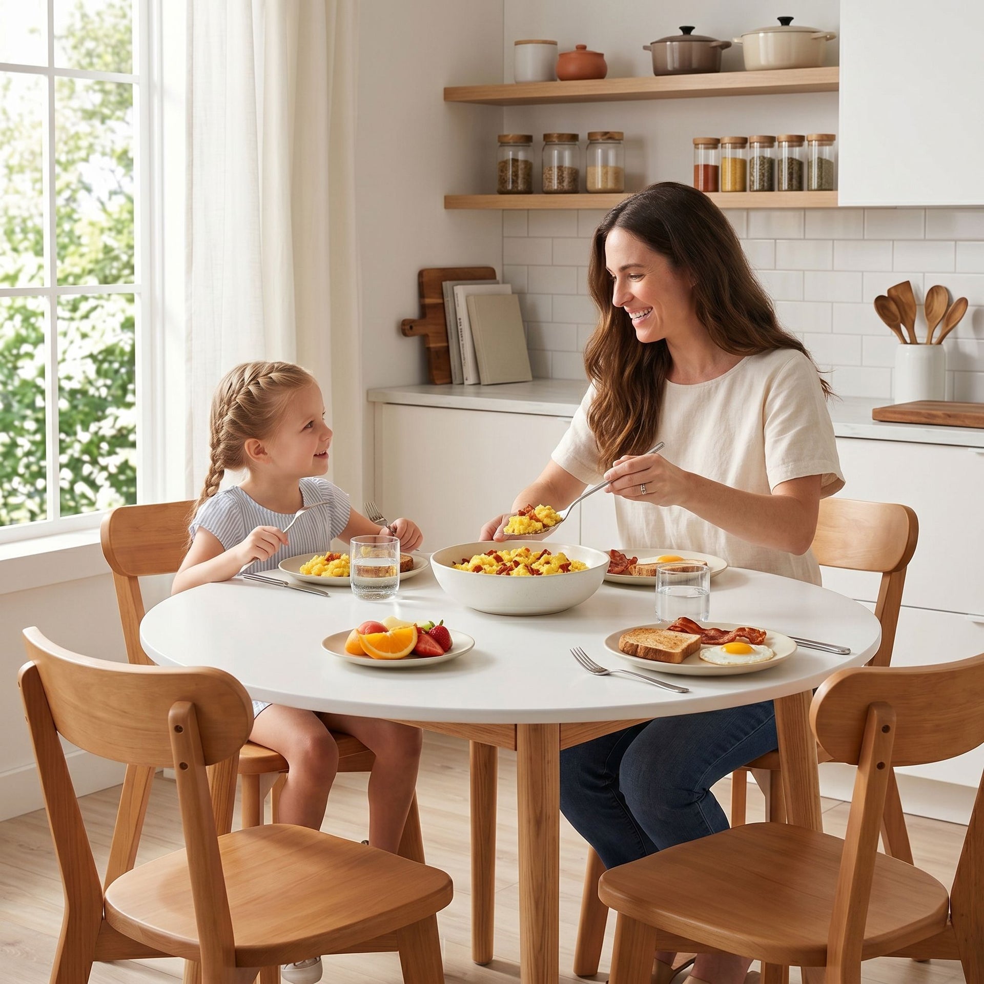 Artiss Round Dining Table and Chairs Set 5 PCS, 108cm Compact Kitchen Table Set with Solid Pine Wood Legs & 4 Ergonomic Rubber Wood Chairs,White Timber Dining Set for Small Space Awezingly