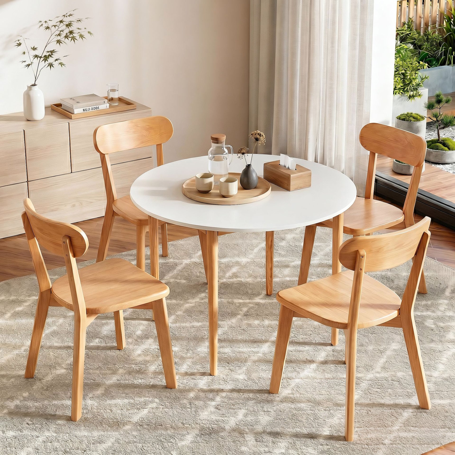 Artiss Round Dining Table and Chairs Set 5 PCS, 108cm Compact Kitchen Table Set with Solid Pine Wood Legs & 4 Ergonomic Rubber Wood Chairs,White Timber Dining Set for Small Space Awezingly