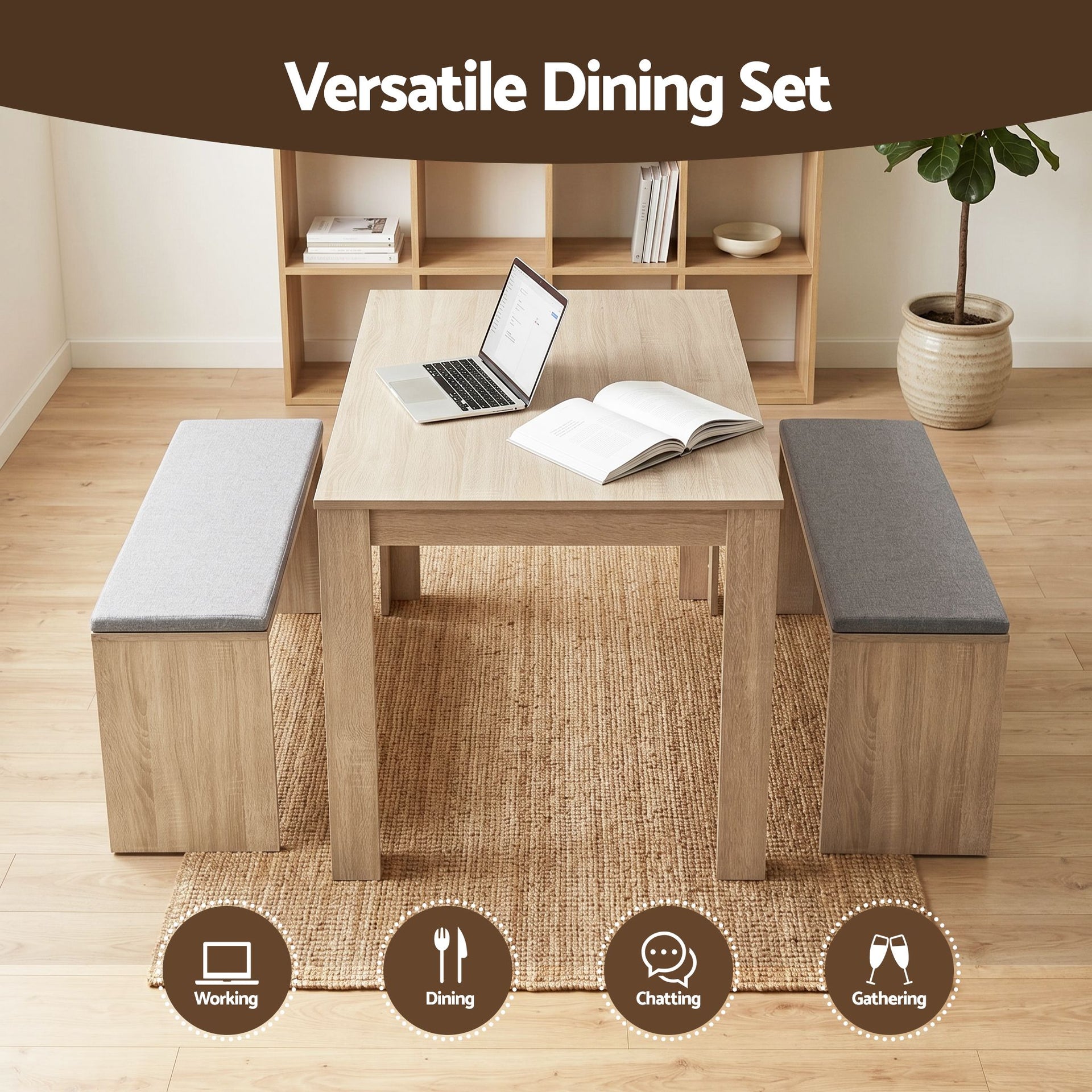 Artiss 3 Piece Dining Sets, 120cm Wooden Dining Table and 2 Upholstered Chairs Set, Space-Saving Modern Kitchen Dining Suite for Home Apartment (Oak) Awezingly