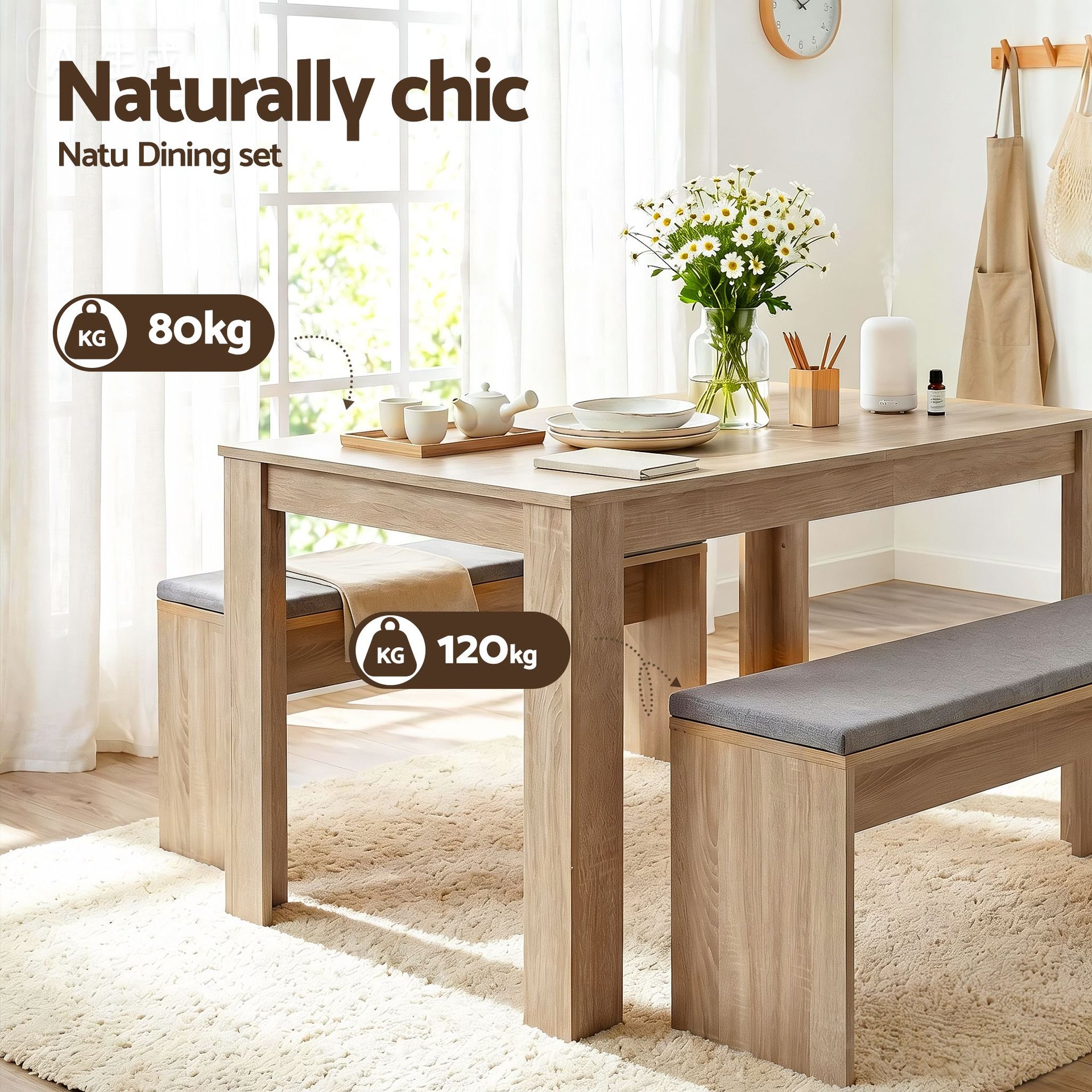 Artiss 3 Piece Dining Sets, 120cm Wooden Dining Table and 2 Upholstered Chairs Set, Space-Saving Modern Kitchen Dining Suite for Home Apartment (Oak) Awezingly