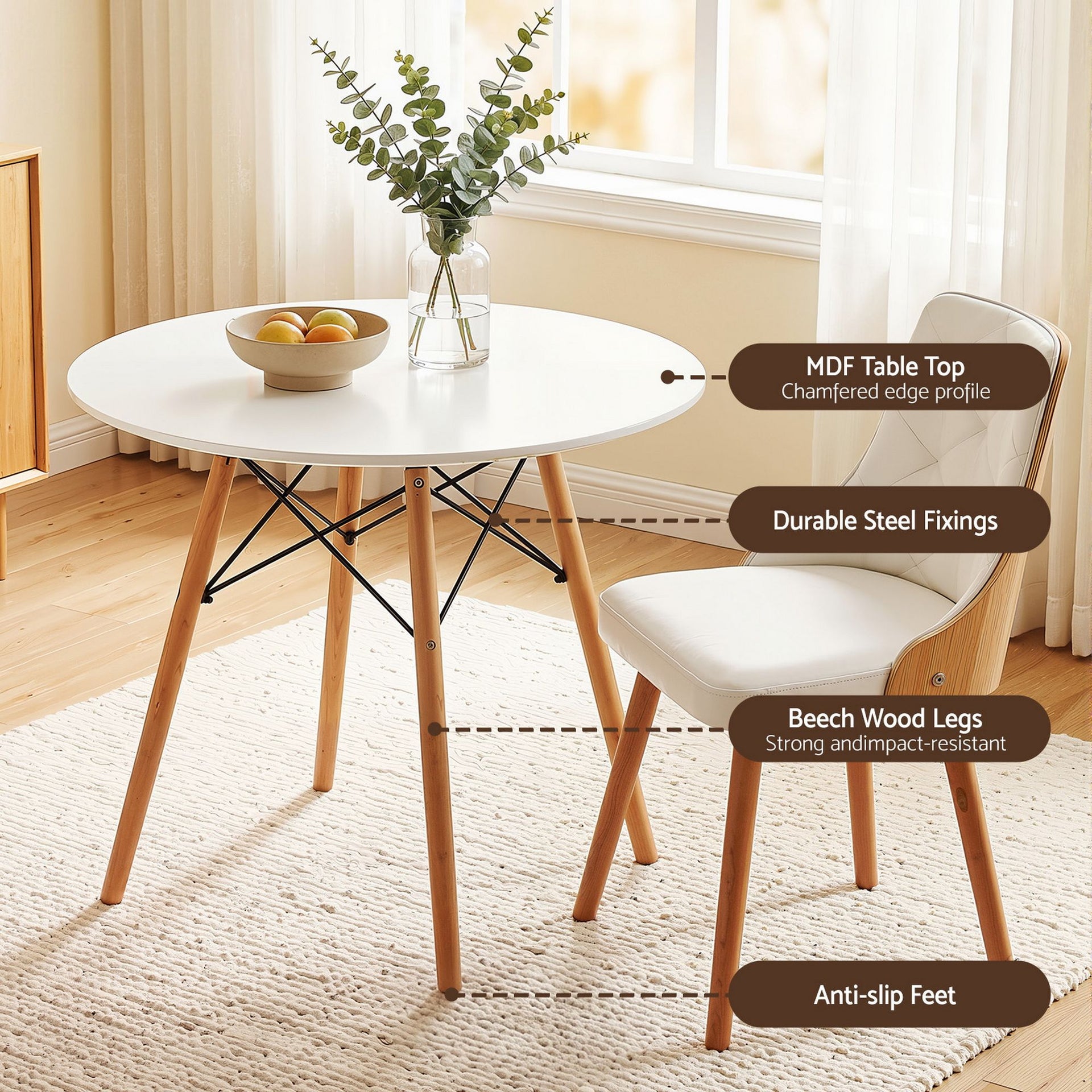 Artiss Dining Table and Chairs Set 3PCS 90cm 2 Seater Round Dining Set for Kitchen, Apartment, Dining Room White Awezingly