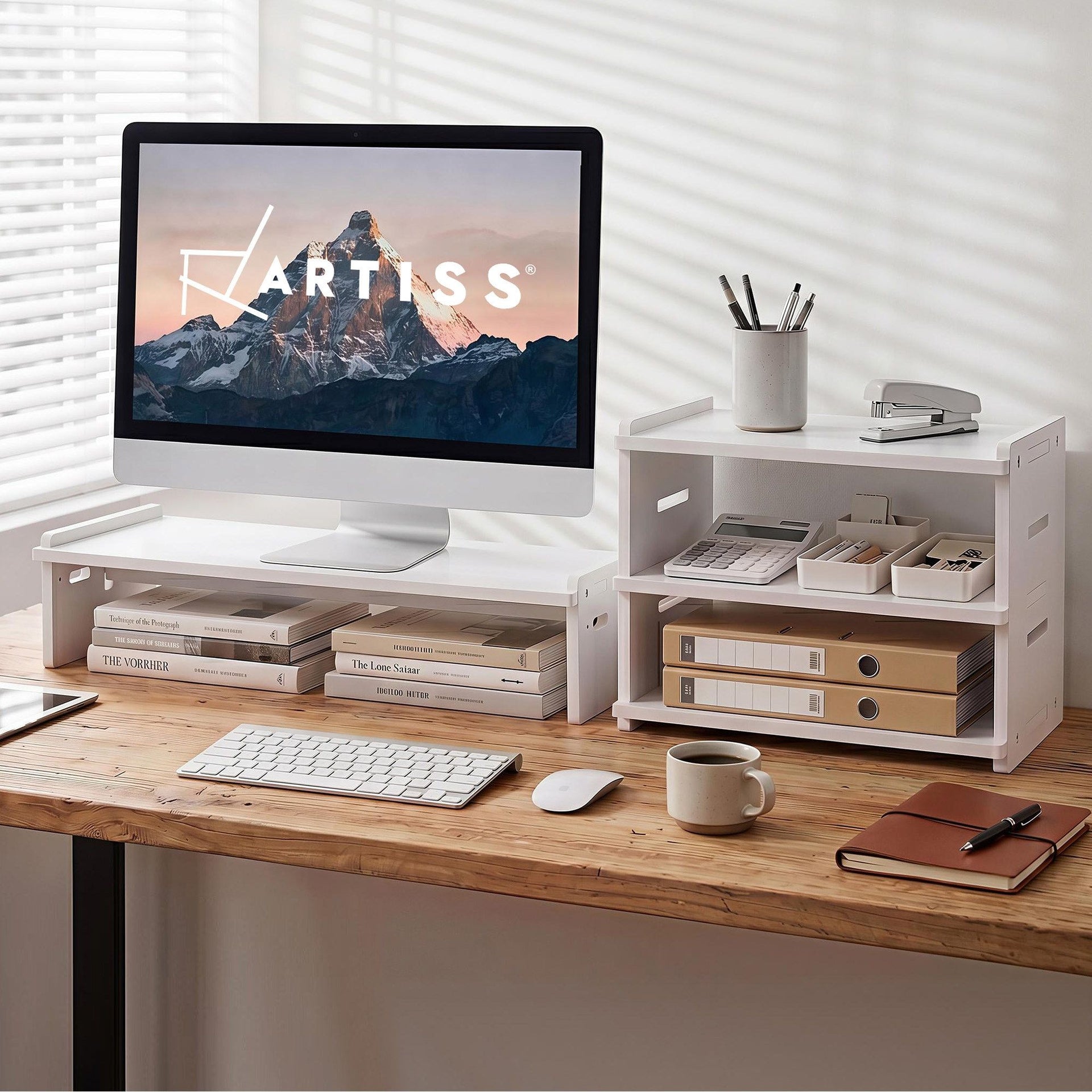 Artiss Monitor Stand and 3-Tier Desk Organiser 2-in-1 Modular Computer Monitor Riser PVC Desktop Shelf Holds 20kg for Office Students Gaming Artiss