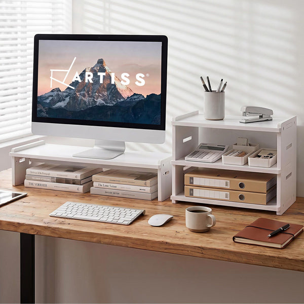 Artiss Monitor Stand and 3-Tier Desk Organiser 2-in-1 Modular Computer Monitor Riser PVC Desktop Shelf Holds 20kg for Office Students Gaming Artiss