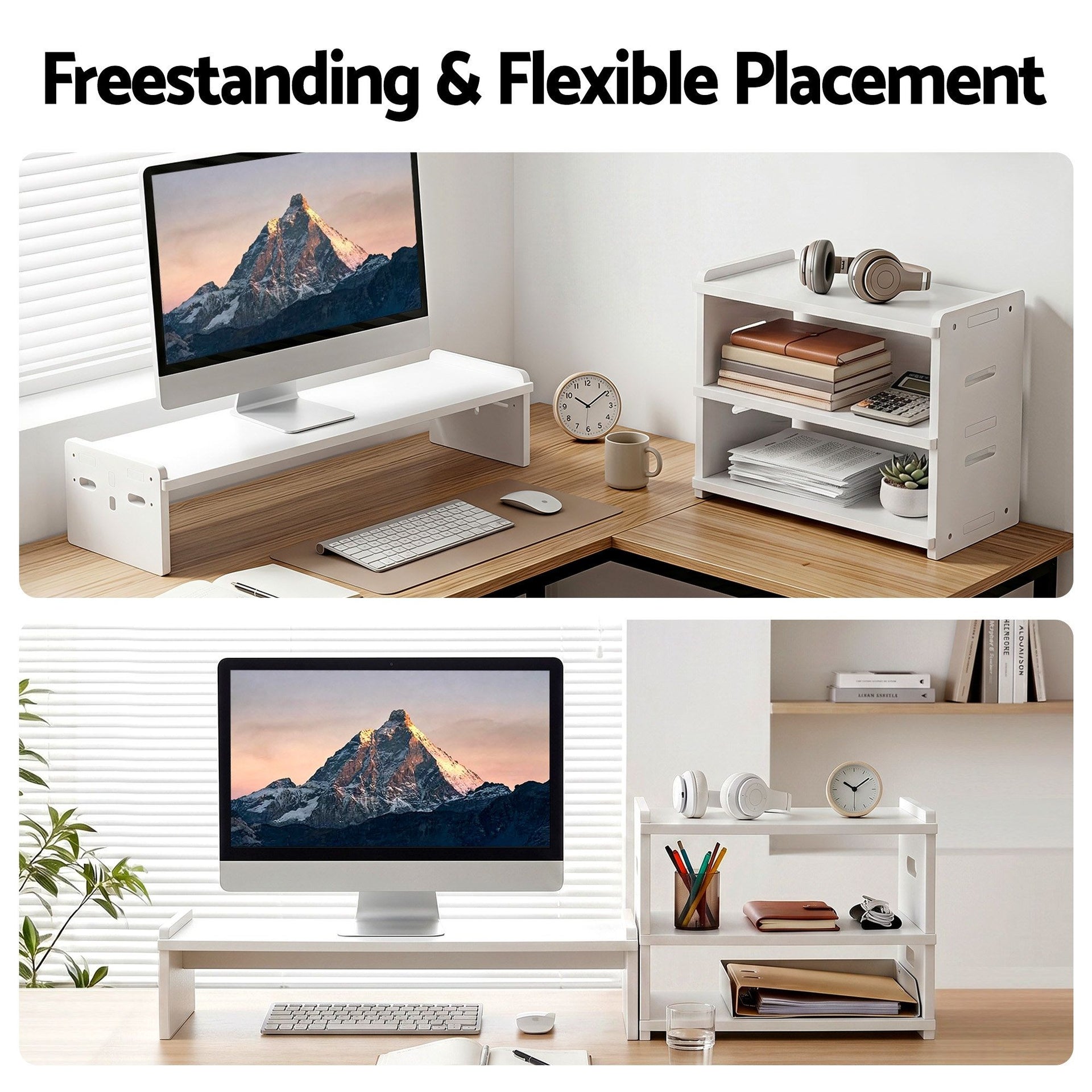 Artiss Monitor Stand and 3-Tier Desk Organiser 2-in-1 Modular Computer Monitor Riser PVC Desktop Shelf Holds 20kg for Office Students Gaming Artiss
