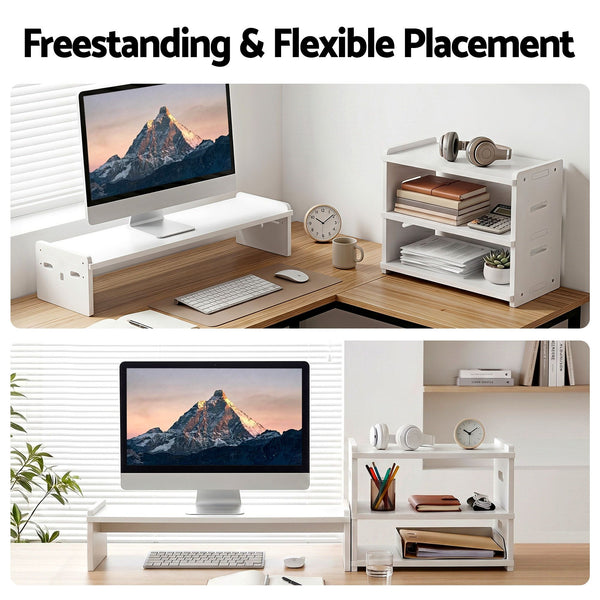 Artiss Monitor Stand and 3-Tier Desk Organiser 2-in-1 Modular Computer Monitor Riser PVC Desktop Shelf Holds 20kg for Office Students Gaming Artiss