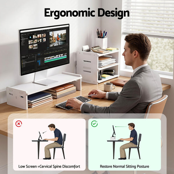Artiss Monitor Stand and 3-Tier Desk Organiser 2-in-1 Modular Computer Monitor Riser PVC Desktop Shelf Holds 20kg for Office Students Gaming Artiss