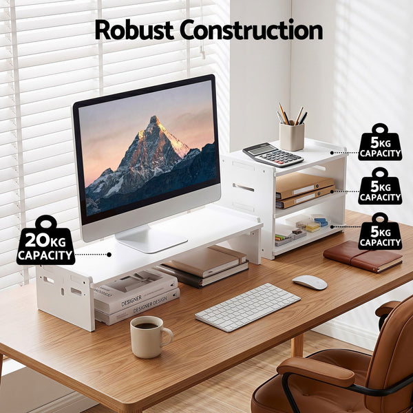 Artiss Monitor Stand and 3-Tier Desk Organiser 2-in-1 Modular Computer Monitor Riser PVC Desktop Shelf Holds 20kg for Office Students Gaming Artiss