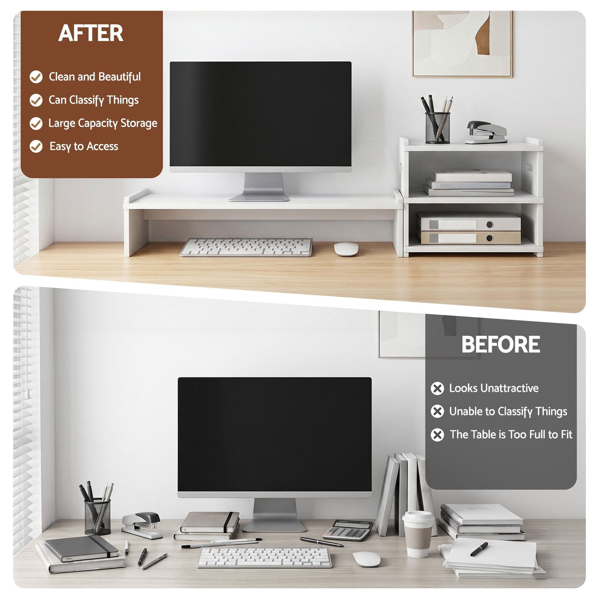 Artiss Monitor Stand and 3-Tier Desk Organiser 2-in-1 Modular Computer Monitor Riser PVC Desktop Shelf Holds 20kg for Office Students Gaming Artiss