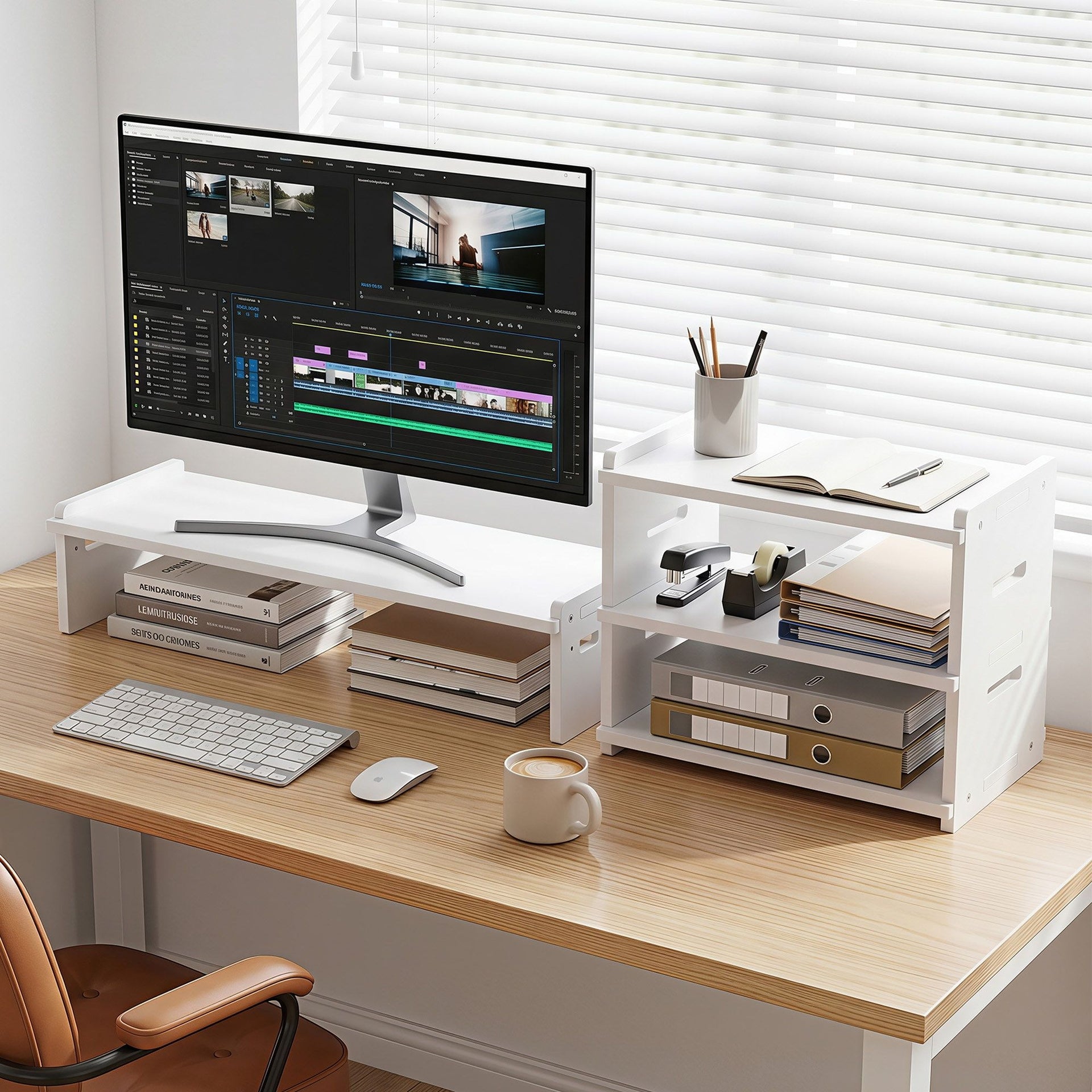 Artiss Monitor Stand and 3-Tier Desk Organiser 2-in-1 Modular Computer Monitor Riser PVC Desktop Shelf Holds 20kg for Office Students Gaming Artiss