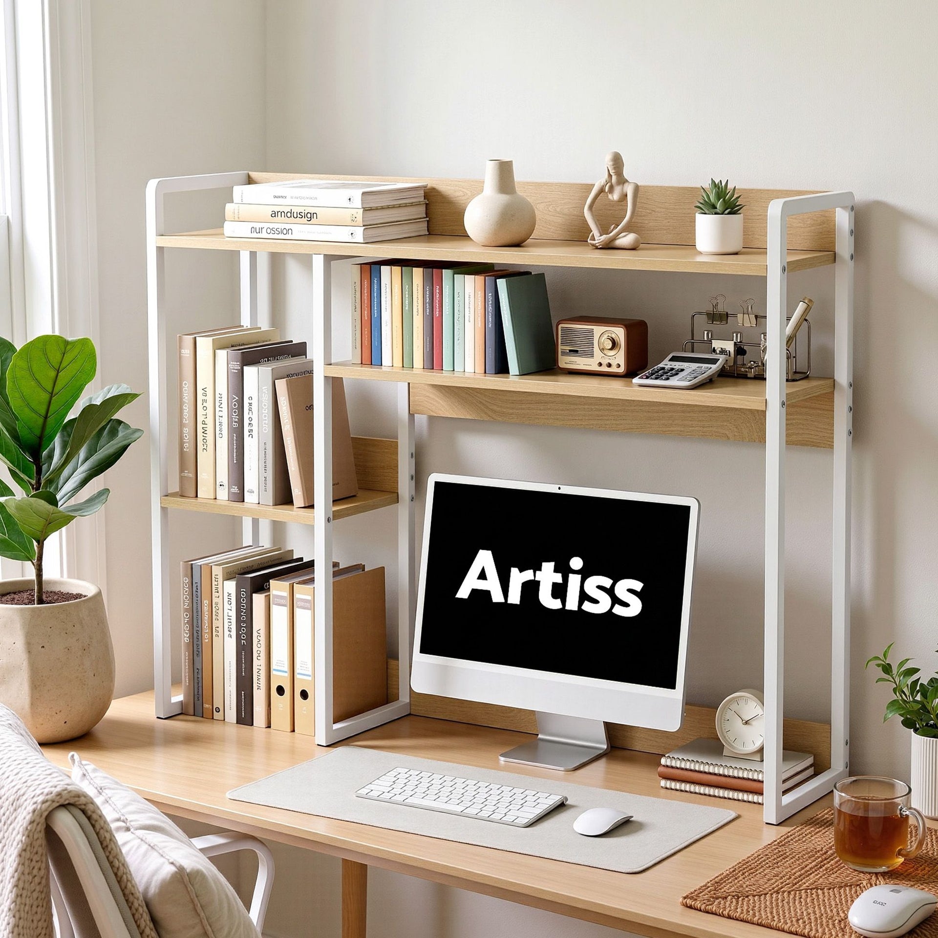 Artist Desk Organizer 2-Tier Desk Shelf 24cm Depth for Unblocked Monitor View Asymmetrical Desk Hutch Dorm for WFH & Gaming Heavy-Duty Giselle Bedding
