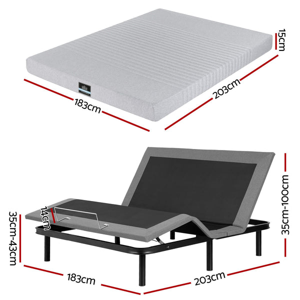 Artiss King Bed Frame and Giselle Bedding King Memory Foam Mattress Set, Electric Bed Base with Zero Gravity & 7 Zone Cooling Comfort for Back Pain Relief, Black & Grey, 15cm Thickness Awezingly