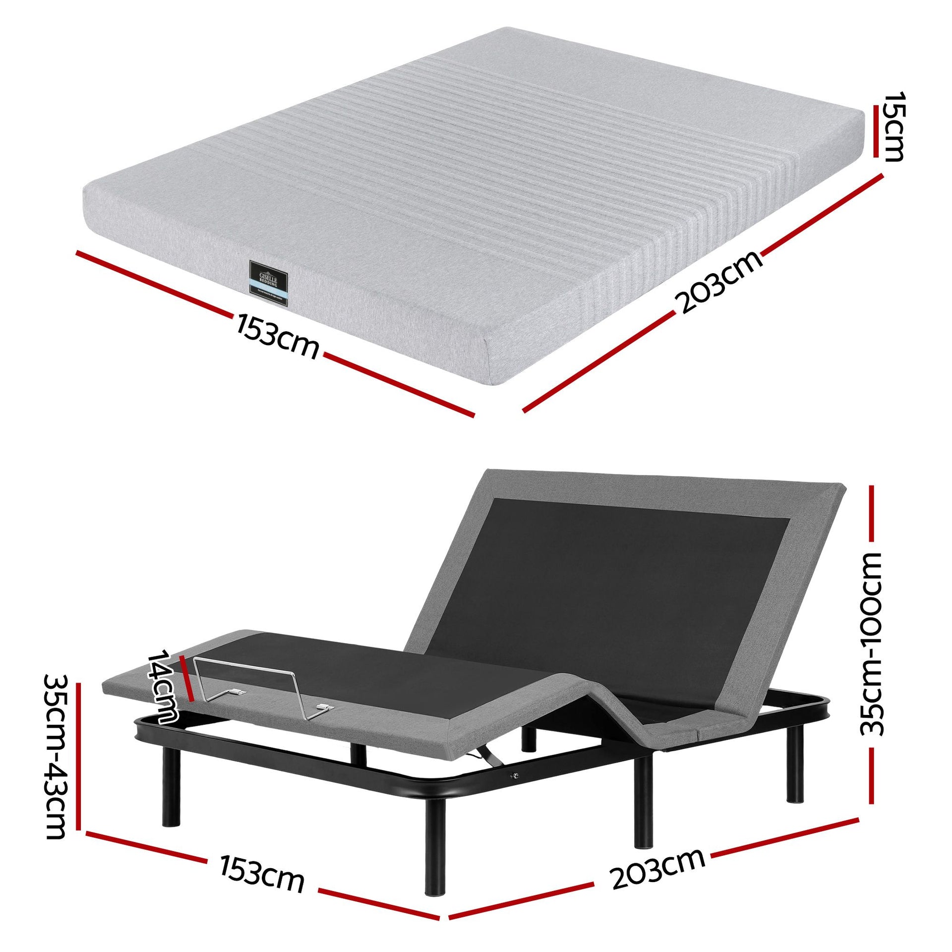 Artiss Queen Bed Frame and Giselle Bedding Queen Memory Foam Mattress Set, Electric Bed Base with Zero Gravity & 7 Zone Cooling Comfort for Back Pain Relief, Black & Grey, 15cm Thickness Awezingly