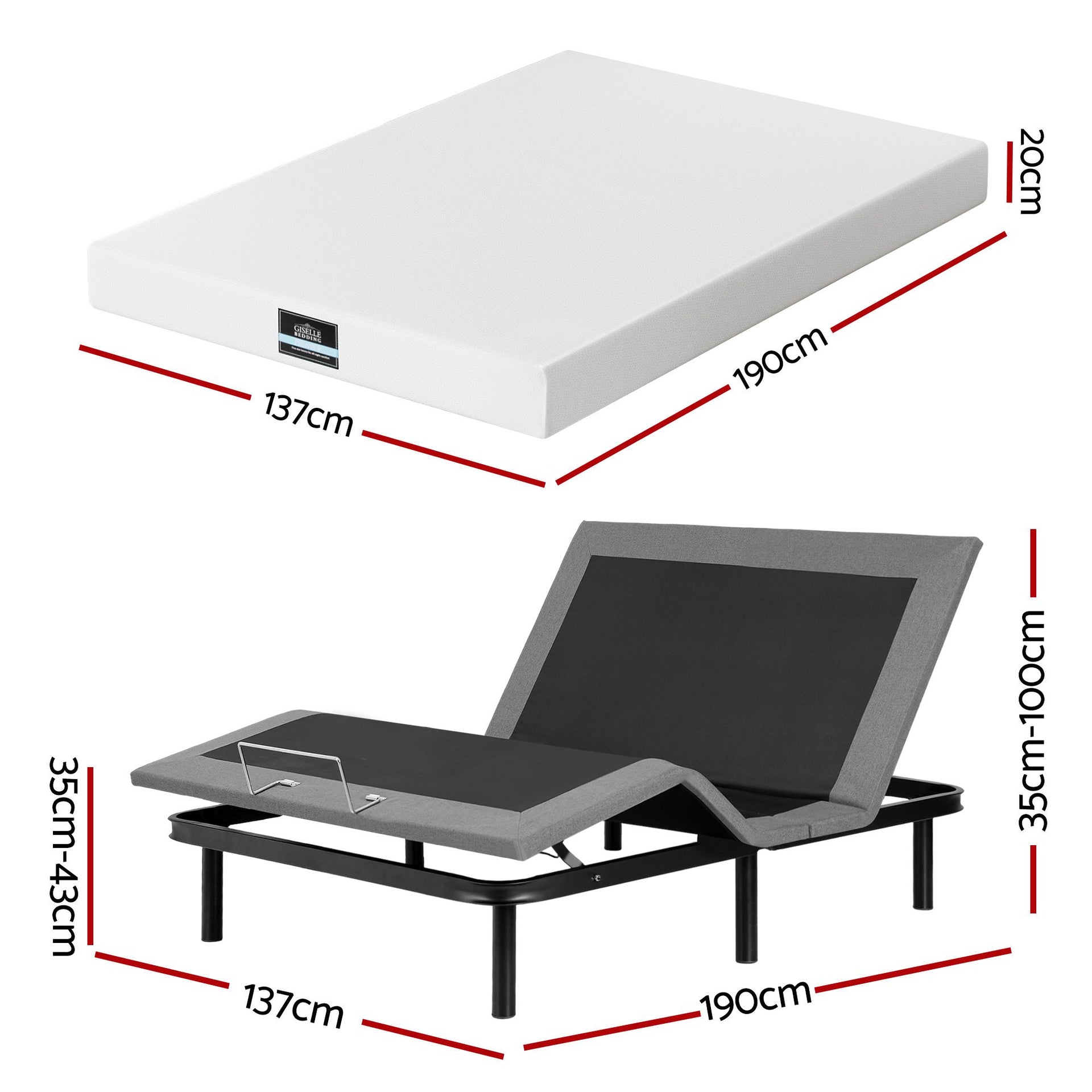 Artiss Double size bed frame & Giselle Bedding Double Mattress Combo, adjustable bed Base for Snoring Relief, Independent Head Foot Incline, Wireless Remote, Black,20cm Thickness Awezingly