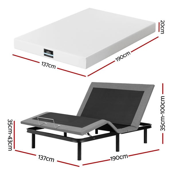 Artiss Double size bed frame & Giselle Bedding Double Mattress Combo, adjustable bed Base for Snoring Relief, Independent Head Foot Incline, Wireless Remote, Black,20cm Thickness Awezingly