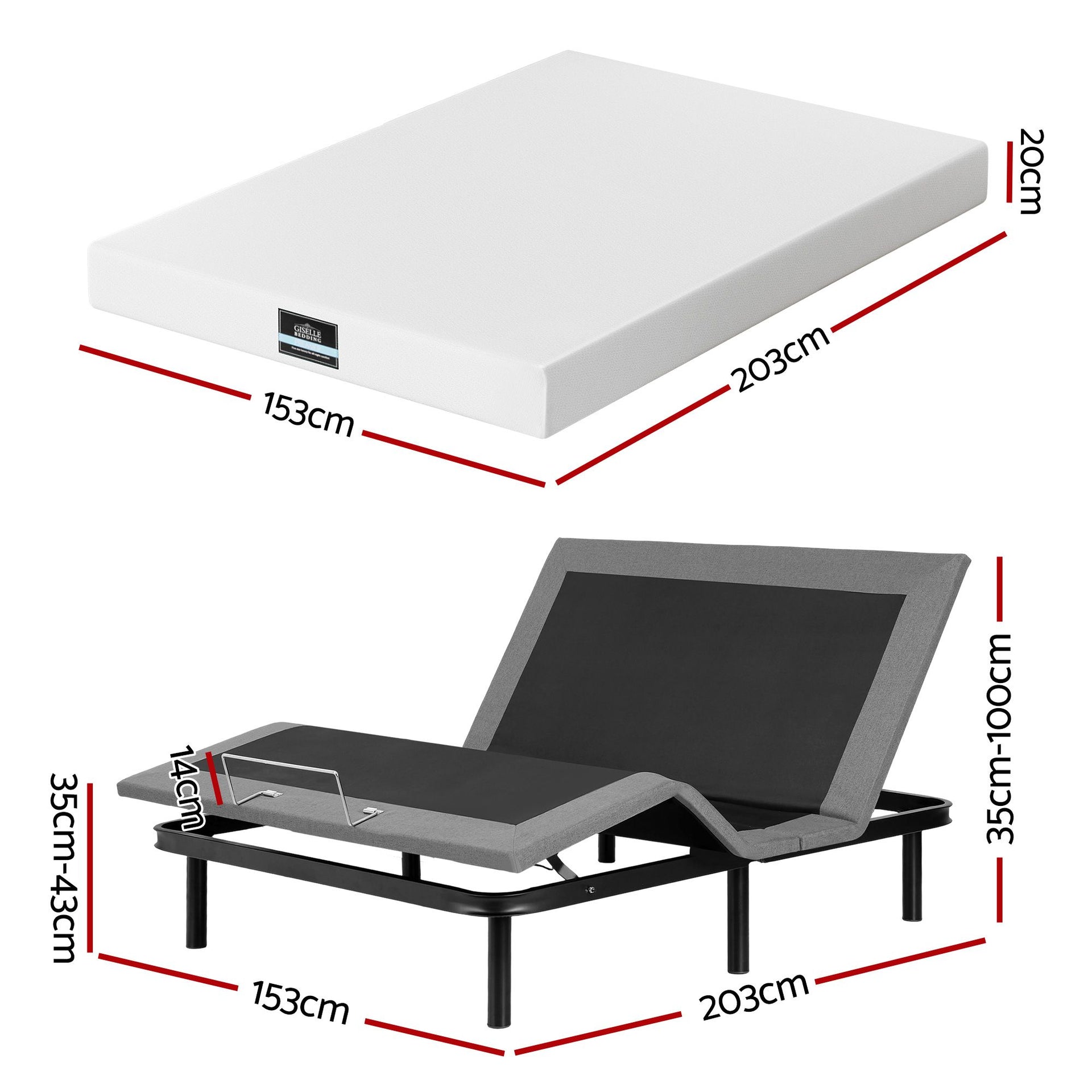 Artiss Queen size bed frame & Giselle Bedding Mattress Queen Combo, adjustable bed Base for Snoring Relief, Independent Head Foot Incline, Wireless Remote, Black,20cm Thickness Awezingly