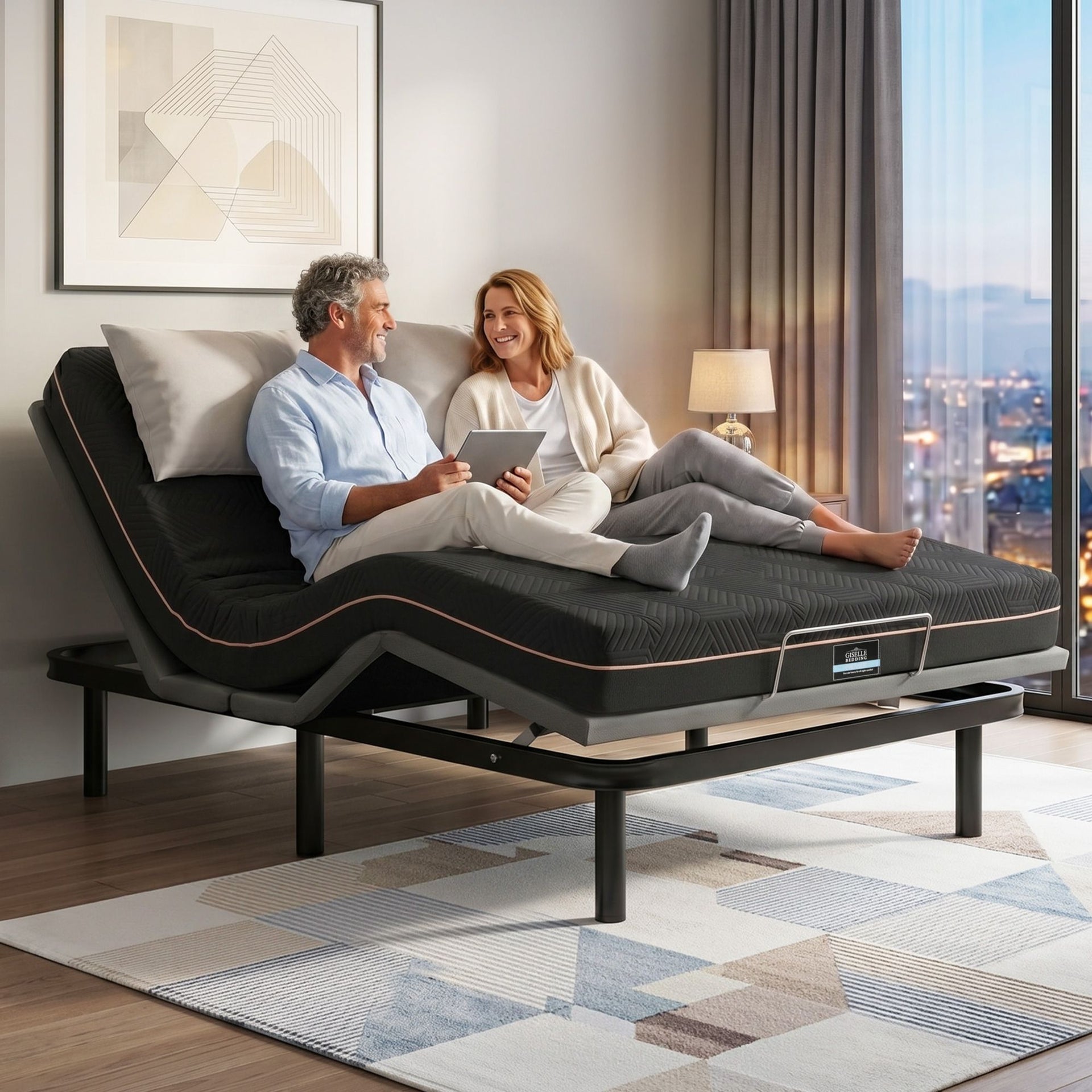 Artiss Double size bed frame with Giselle Bedding Double Mattress, adjustable bed Base Combo for Snoring Relief, Independent Head Foot Incline, Wireless Remote, Black,18cm Thickness Awezingly