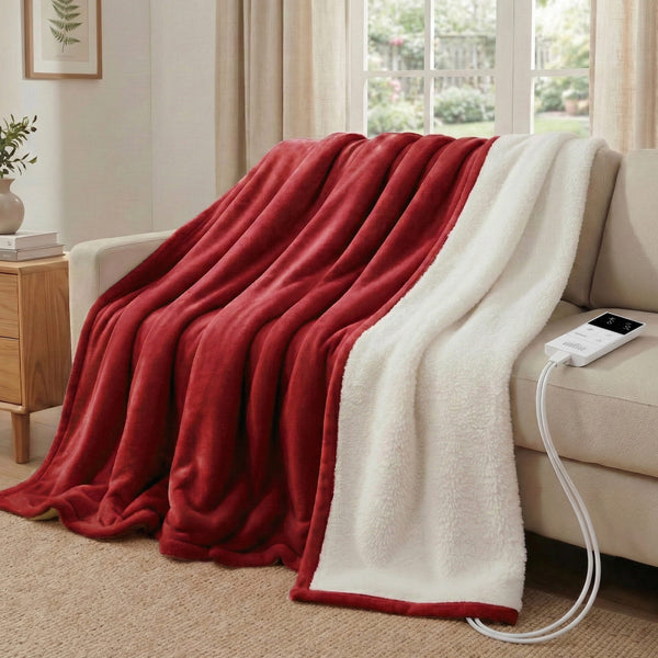 Giselle Electric Throw Rug Double Size 200x180cm Fleece Flannel Heated Blanket Burgundy Awezingly