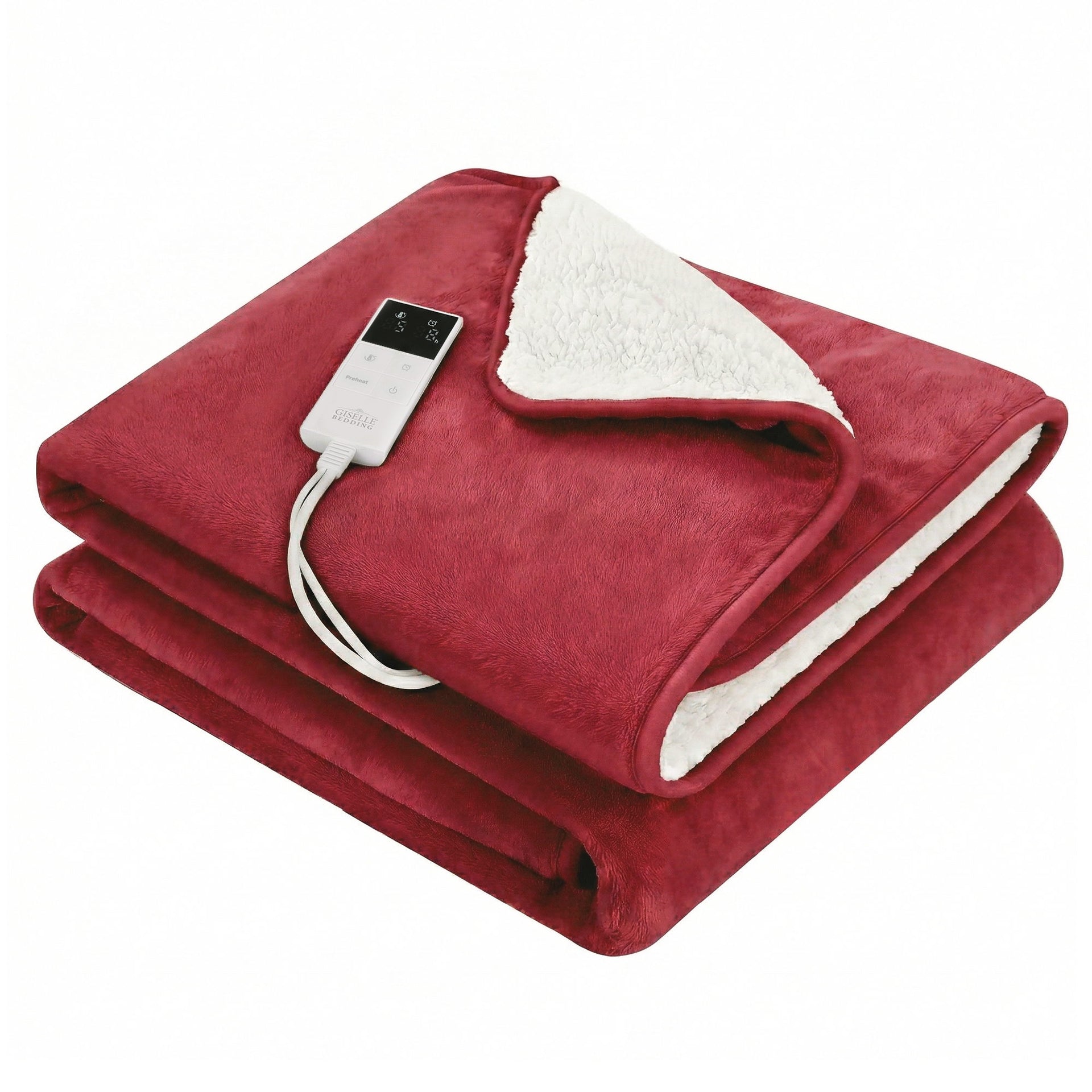 Giselle Electric Throw Rug Double Size 200x180cm Fleece Flannel Heated Blanket Burgundy Awezingly
