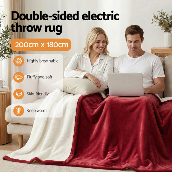 Giselle Electric Throw Rug Double Size 200x180cm Fleece Flannel Heated Blanket Burgundy Awezingly
