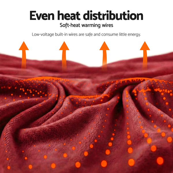 Giselle Electric Throw Rug Double Size 200x180cm Fleece Flannel Heated Blanket Burgundy Awezingly