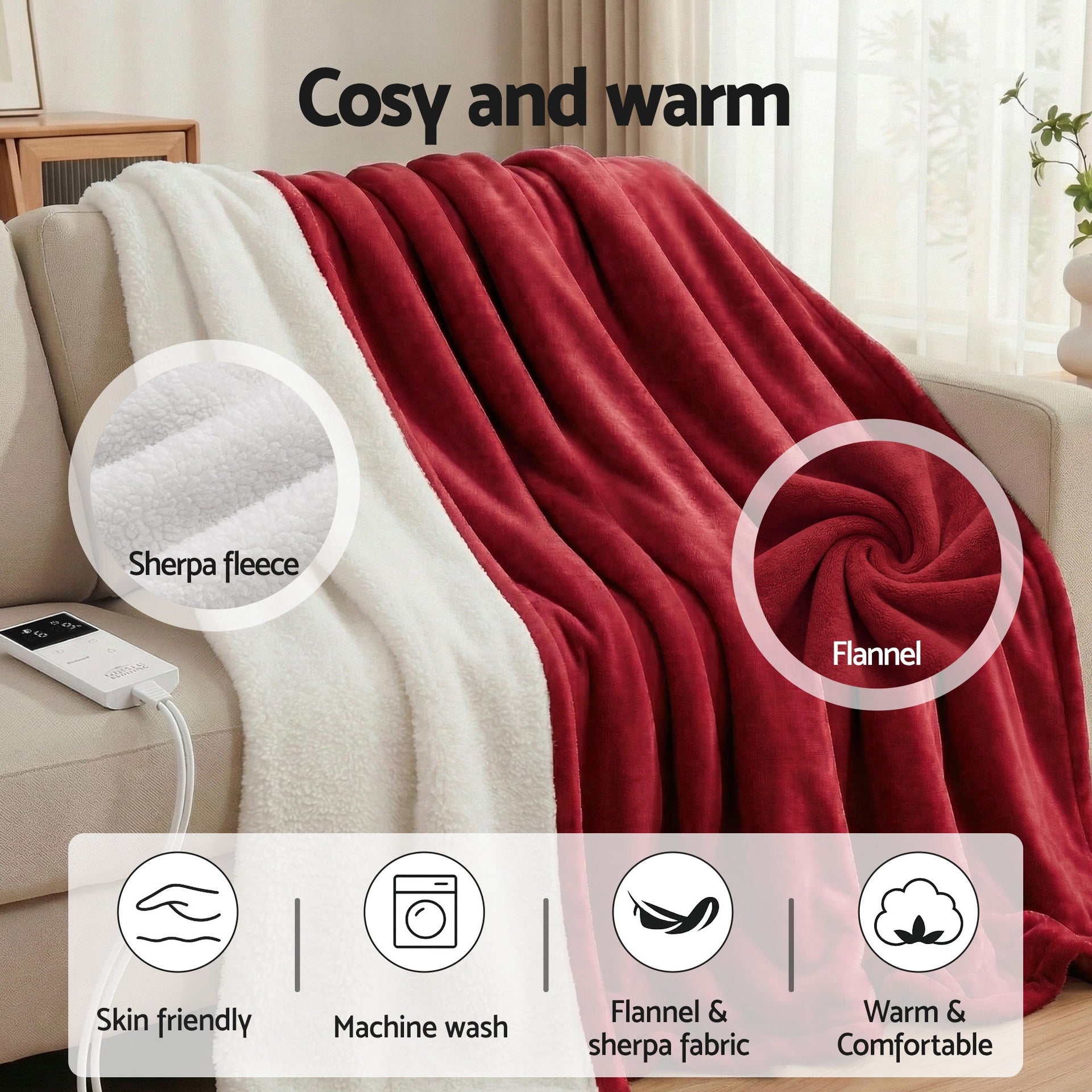 Giselle Electric Throw Rug Double Size 200x180cm Fleece Flannel Heated Blanket Burgundy Awezingly