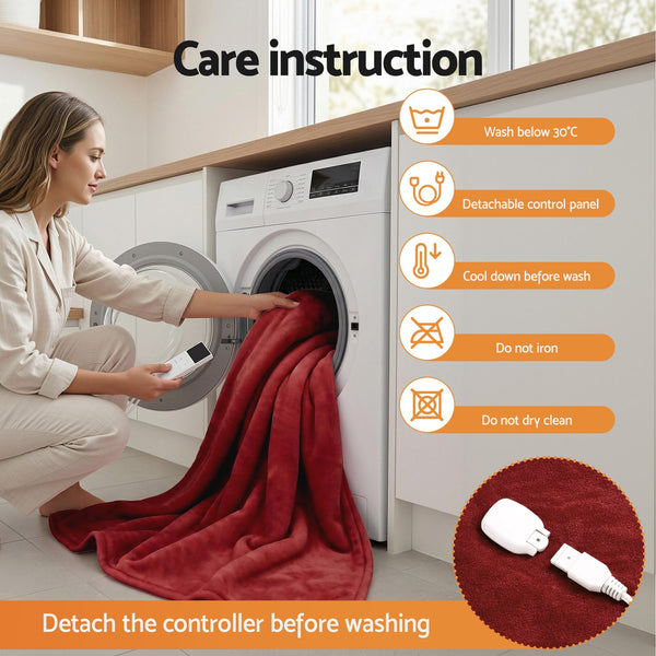 Giselle Electric Throw Rug Double Size 200x180cm Fleece Flannel Heated Blanket Burgundy Awezingly