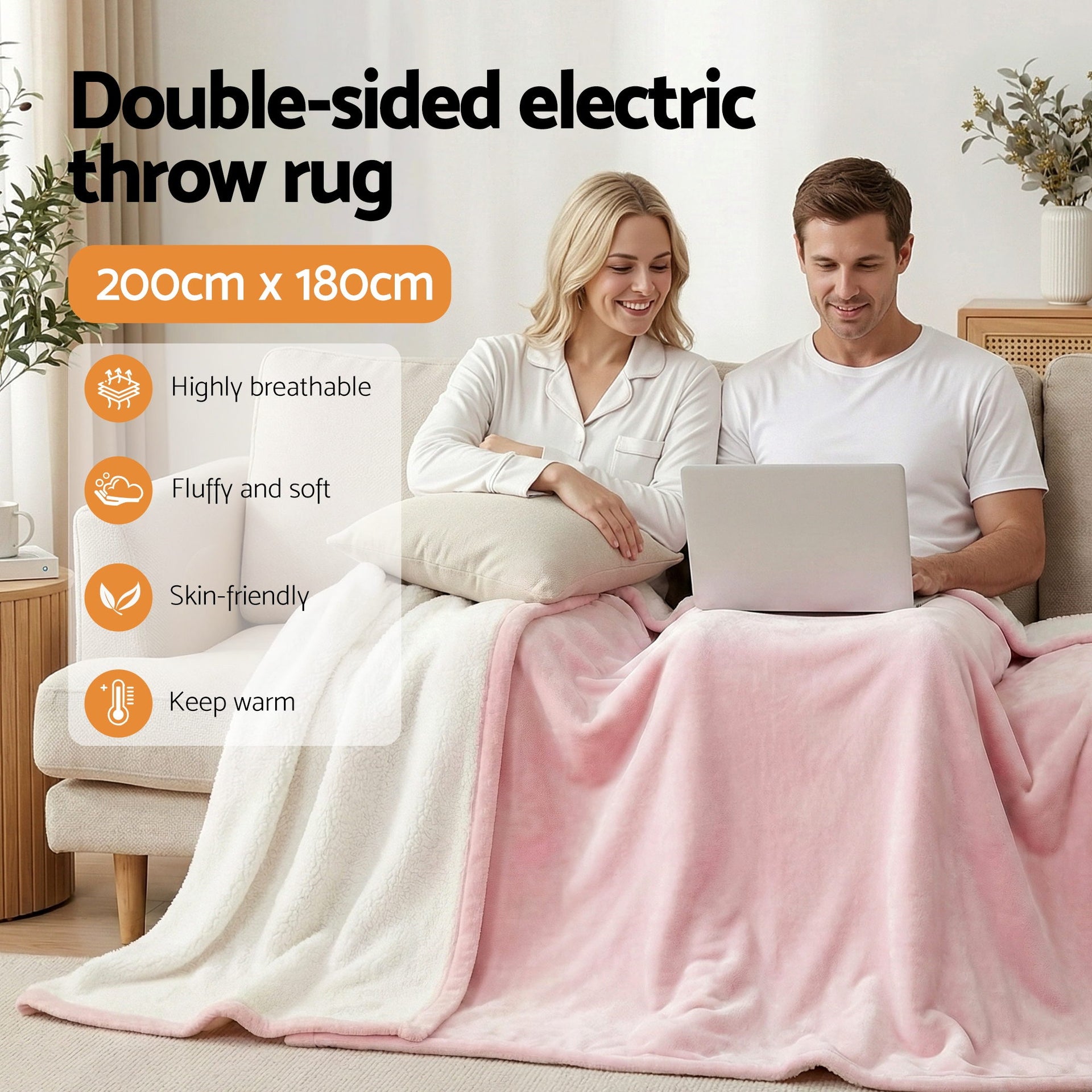 Giselle Electric Throw Rug Double Size 200x180cm Fleece Flannel Heated Blanket Pink Awezingly
