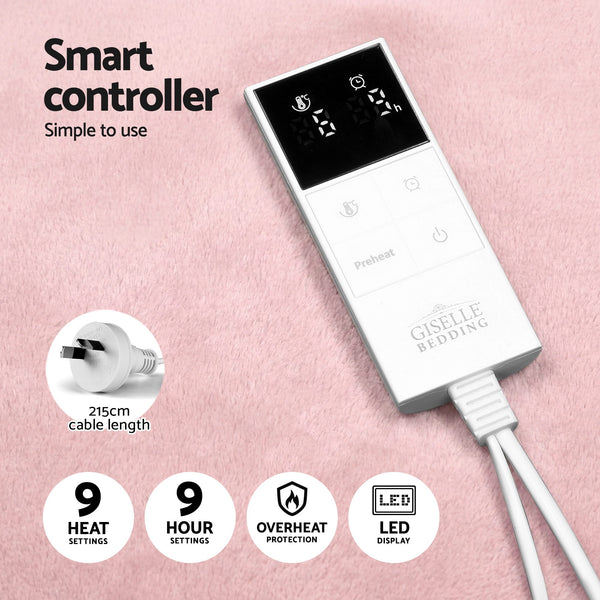 Giselle Electric Throw Rug Double Size 200x180cm Fleece Flannel Heated Blanket Pink Awezingly