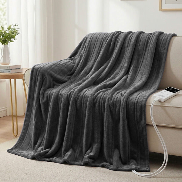 Giselle Electric Throw Rug Double Size 200x180cm Coral Fleece Heated Blanket Grey Awezingly