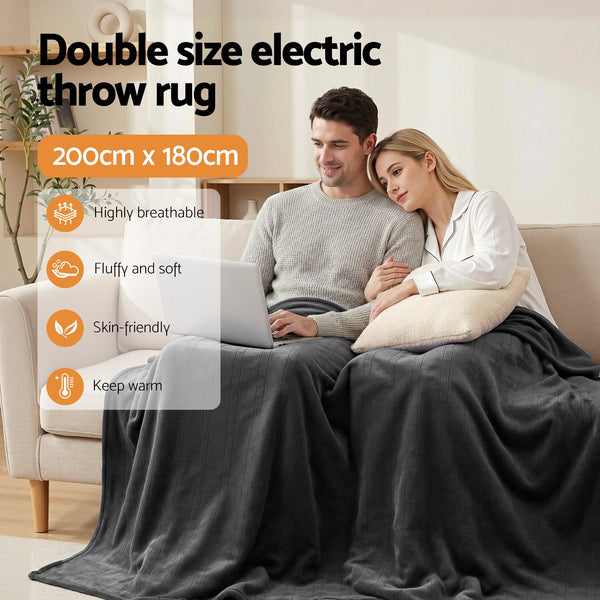 Giselle Electric Throw Rug Double Size 200x180cm Coral Fleece Heated Blanket Grey Awezingly