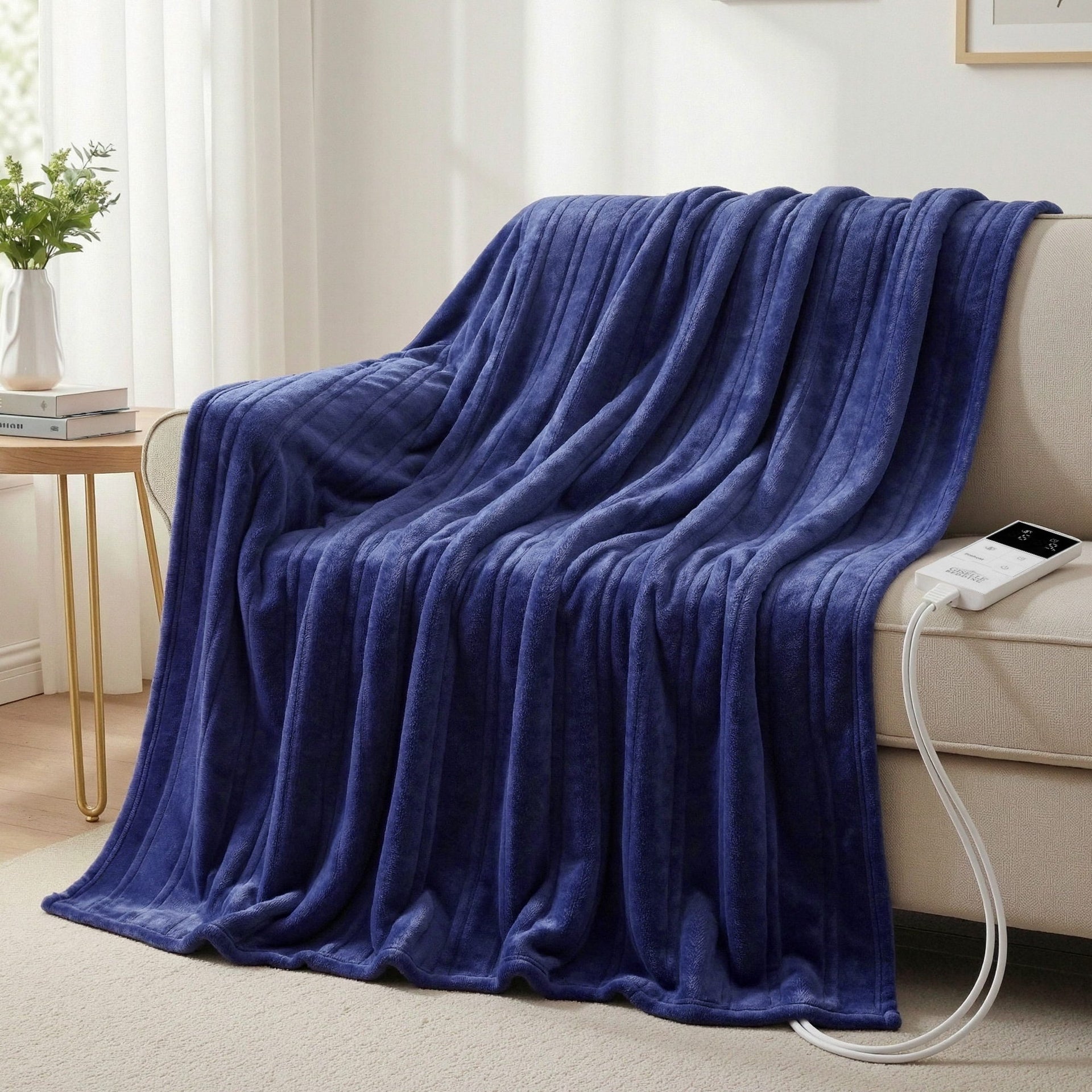 Giselle Electric Throw Rug Double Size 200x180cm Coral Fleece Heated Blanket Navy Blue Awezingly