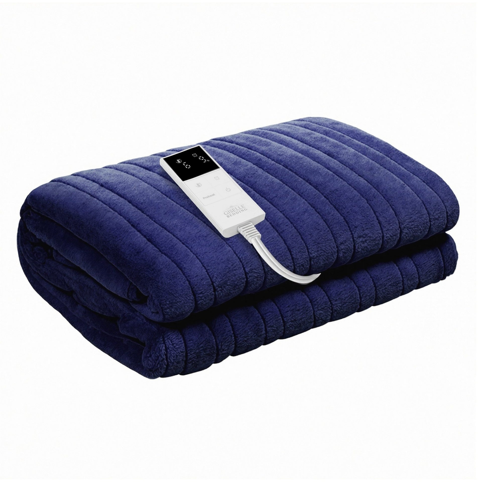 Giselle Electric Throw Rug Double Size 200x180cm Coral Fleece Heated Blanket Navy Blue Awezingly