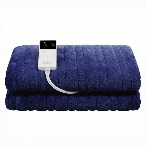 Giselle Electric Throw Rug Double Size 200x180cm Coral Fleece Heated Blanket Navy Blue Awezingly
