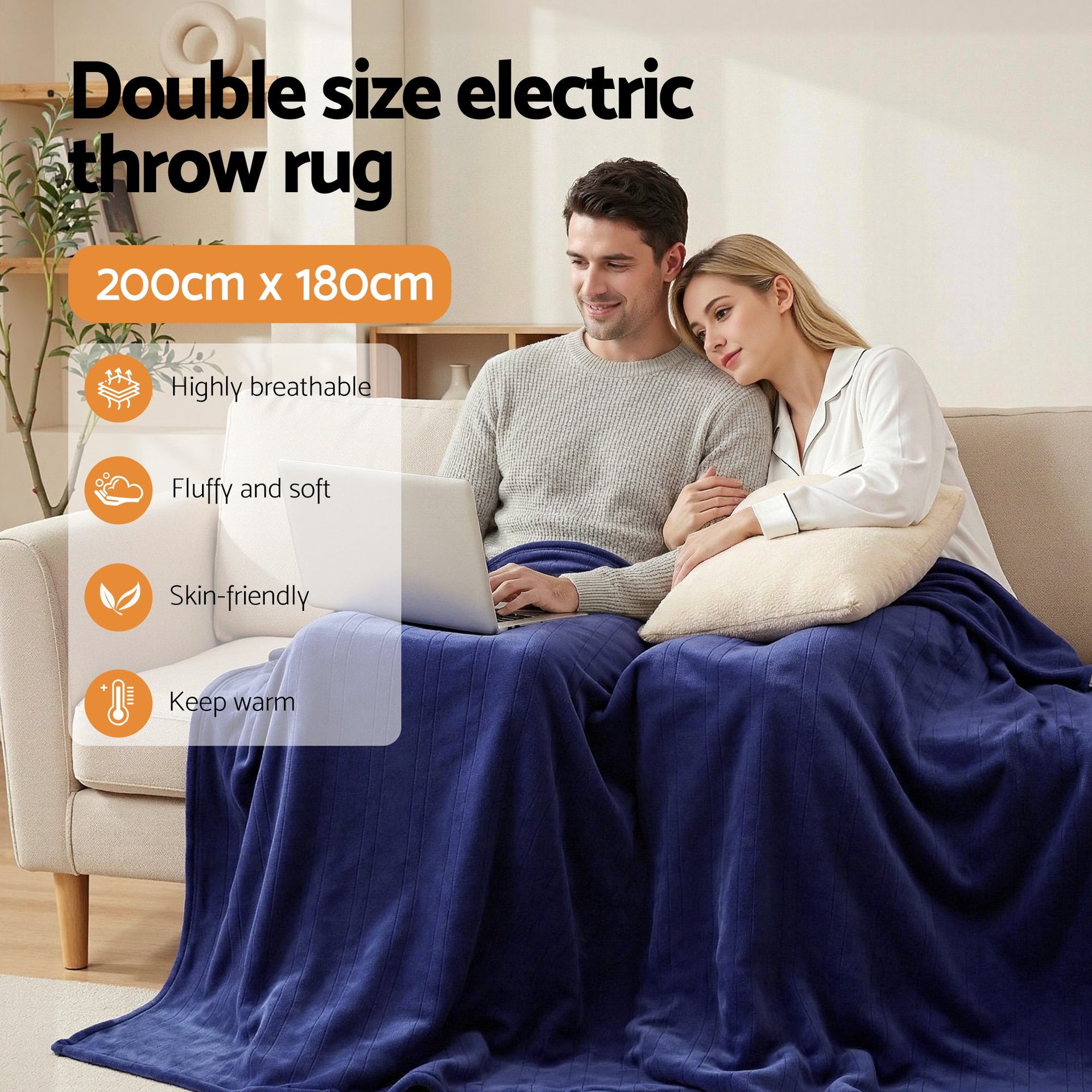 Giselle Electric Throw Rug Double Size 200x180cm Coral Fleece Heated Blanket Navy Blue Awezingly
