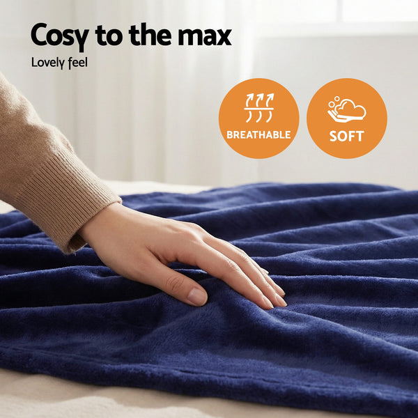 Giselle Electric Throw Rug Double Size 200x180cm Coral Fleece Heated Blanket Navy Blue Awezingly