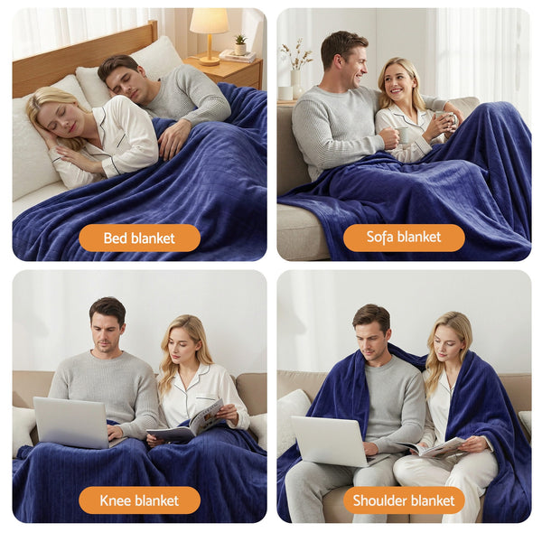 Giselle Electric Throw Rug Double Size 200x180cm Coral Fleece Heated Blanket Navy Blue Awezingly